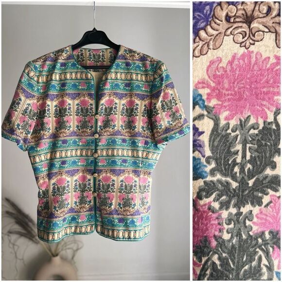 Vintage Adrianna Papell 100% Silk Pastel Floral Jacket Size 6 approx. ptp 20” - Picture 1 of 3